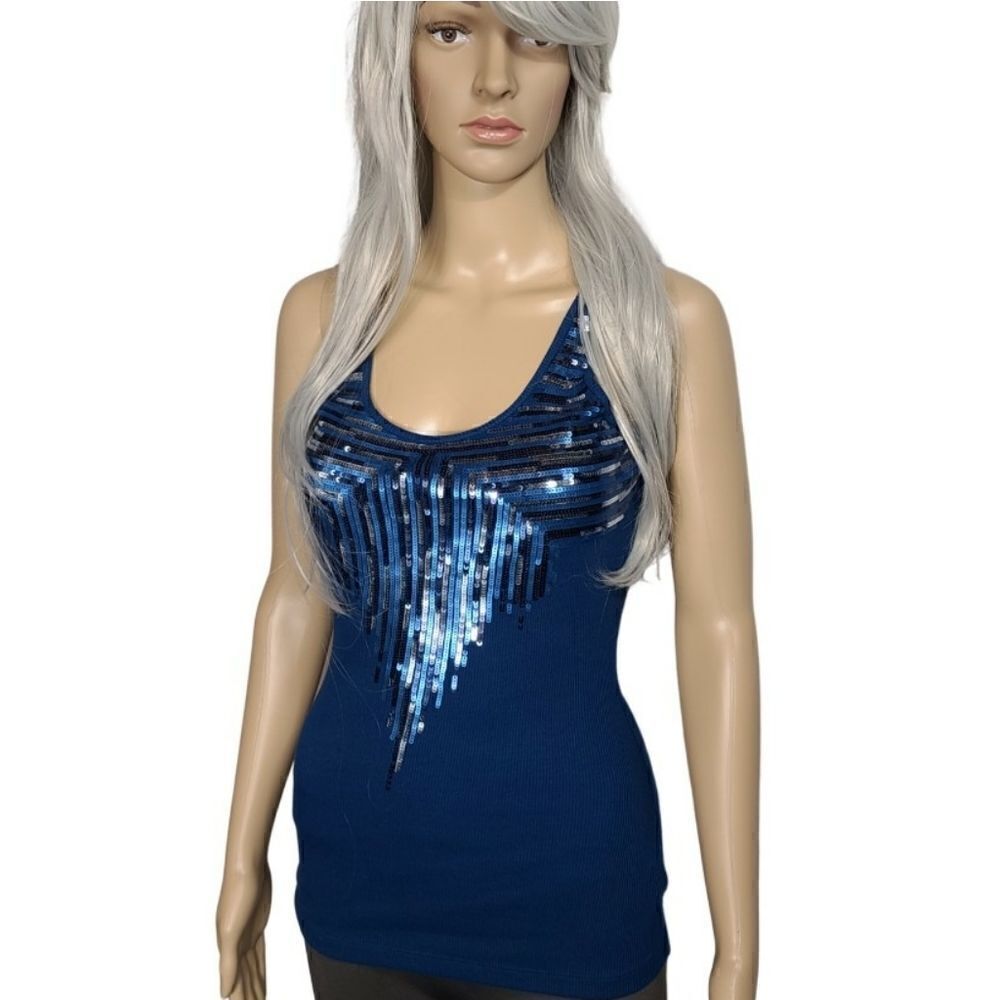 Express  Blue Sequence Tank Top - Picture 2 of 12
